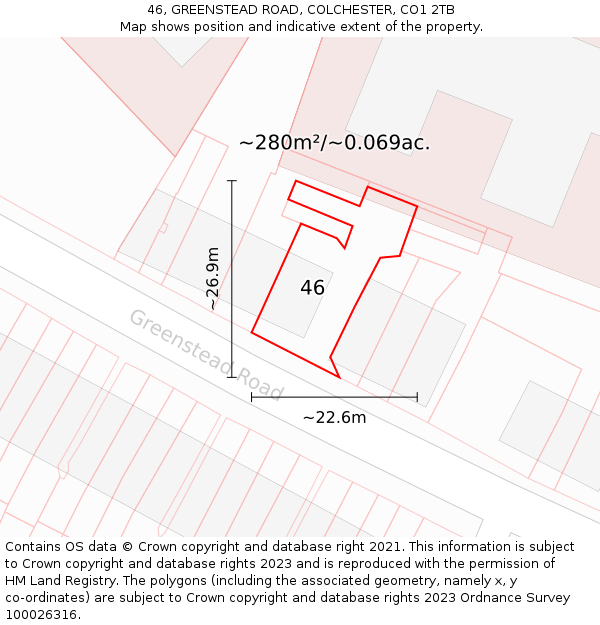 46, GREENSTEAD ROAD, COLCHESTER, CO1 2TB: Plot and title map