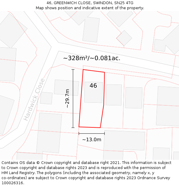 46, GREENWICH CLOSE, SWINDON, SN25 4TG: Plot and title map