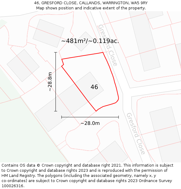 46, GRESFORD CLOSE, CALLANDS, WARRINGTON, WA5 9RY: Plot and title map