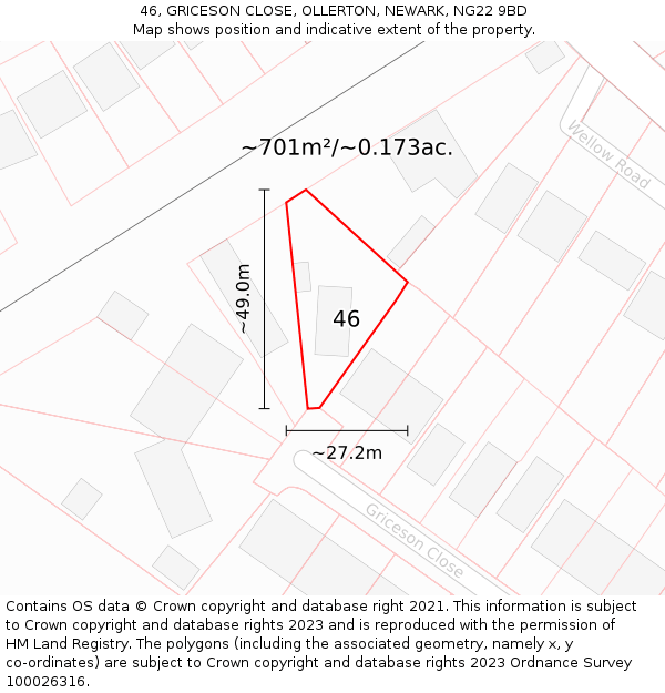 46, GRICESON CLOSE, OLLERTON, NEWARK, NG22 9BD: Plot and title map