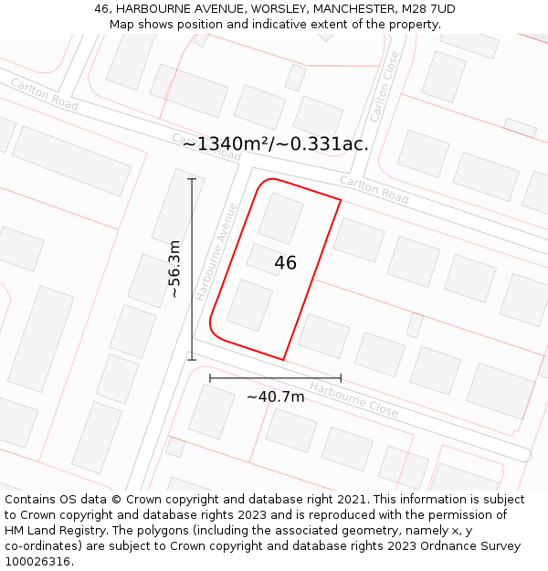 46, HARBOURNE AVENUE, WORSLEY, MANCHESTER, M28 7UD: Plot and title map