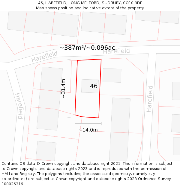 46, HAREFIELD, LONG MELFORD, SUDBURY, CO10 9DE: Plot and title map