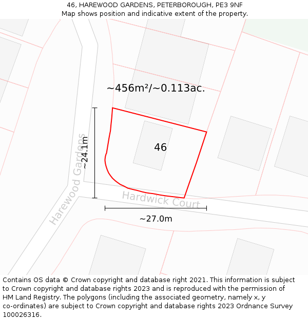 46, HAREWOOD GARDENS, PETERBOROUGH, PE3 9NF: Plot and title map