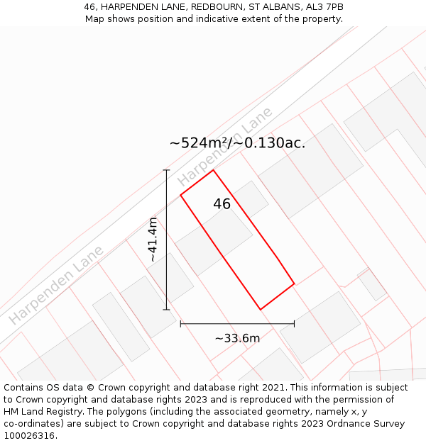 46, HARPENDEN LANE, REDBOURN, ST ALBANS, AL3 7PB: Plot and title map
