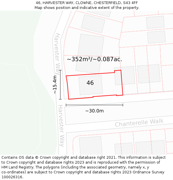 46, HARVESTER WAY, CLOWNE, CHESTERFIELD, S43 4FF: Plot and title map
