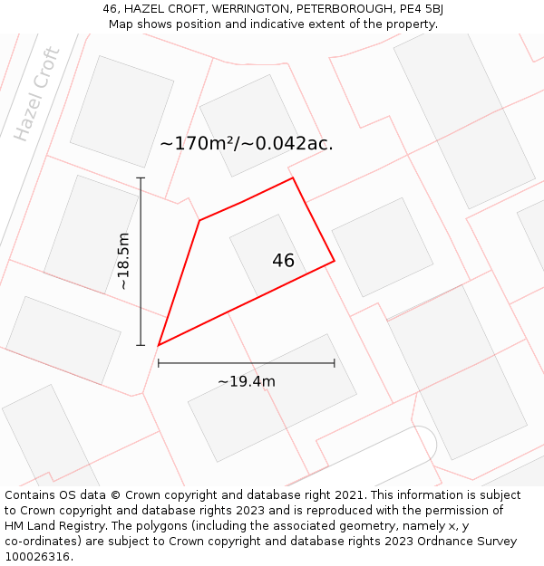 46, HAZEL CROFT, WERRINGTON, PETERBOROUGH, PE4 5BJ: Plot and title map