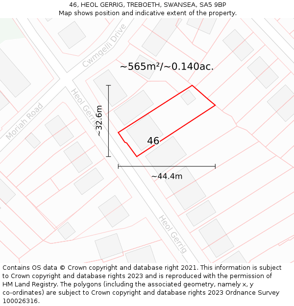 46, HEOL GERRIG, TREBOETH, SWANSEA, SA5 9BP: Plot and title map
