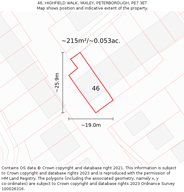 46, HIGHFIELD WALK, YAXLEY, PETERBOROUGH, PE7 3ET: Plot and title map