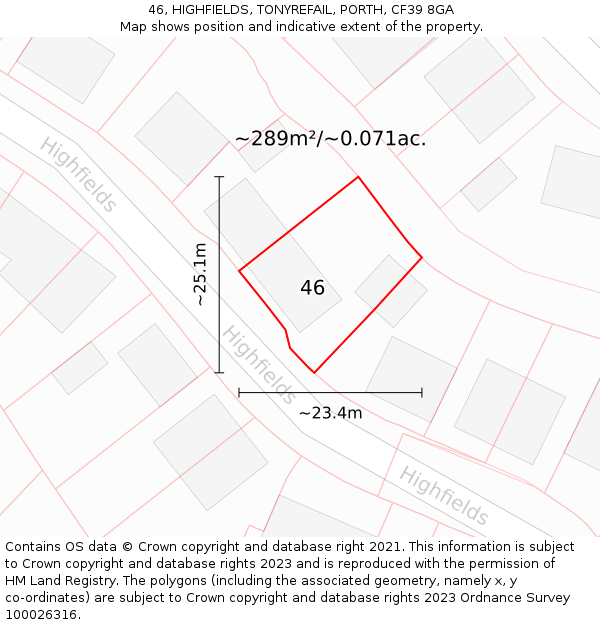 46, HIGHFIELDS, TONYREFAIL, PORTH, CF39 8GA: Plot and title map