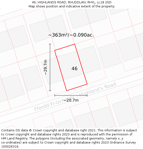 46, HIGHLANDS ROAD, RHUDDLAN, RHYL, LL18 2SD: Plot and title map