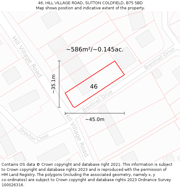 46, HILL VILLAGE ROAD, SUTTON COLDFIELD, B75 5BD: Plot and title map