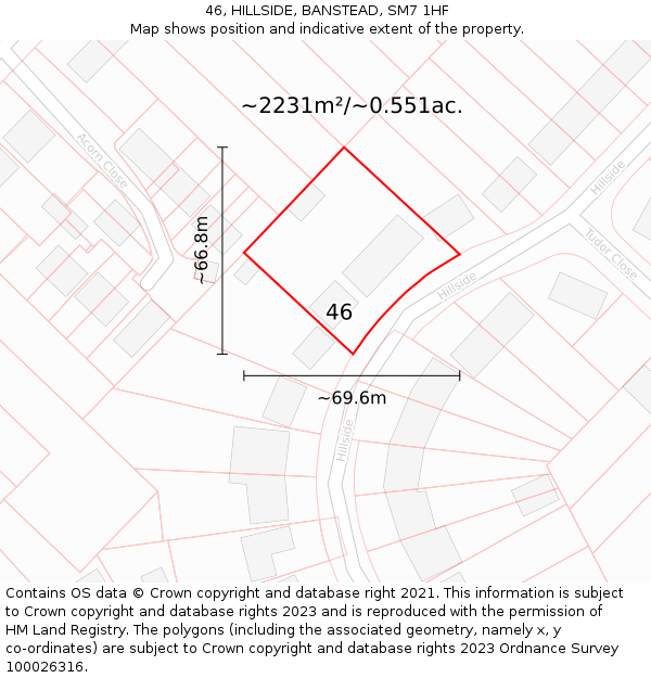 46, HILLSIDE, BANSTEAD, SM7 1HF: Plot and title map
