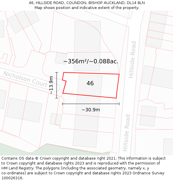 46, HILLSIDE ROAD, COUNDON, BISHOP AUCKLAND, DL14 8LN: Plot and title map