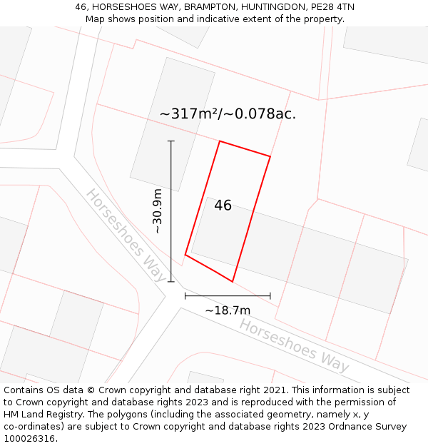 46, HORSESHOES WAY, BRAMPTON, HUNTINGDON, PE28 4TN: Plot and title map