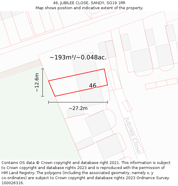 46, JUBILEE CLOSE, SANDY, SG19 1RR: Plot and title map