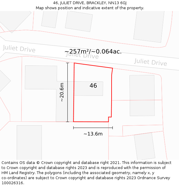 46, JULIET DRIVE, BRACKLEY, NN13 6GJ: Plot and title map