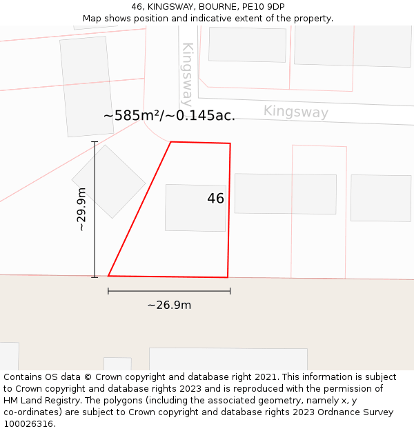 46, KINGSWAY, BOURNE, PE10 9DP: Plot and title map