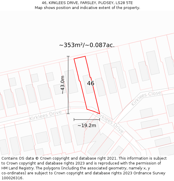 46, KIRKLEES DRIVE, FARSLEY, PUDSEY, LS28 5TE: Plot and title map