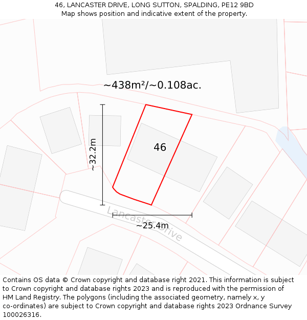 46, LANCASTER DRIVE, LONG SUTTON, SPALDING, PE12 9BD: Plot and title map