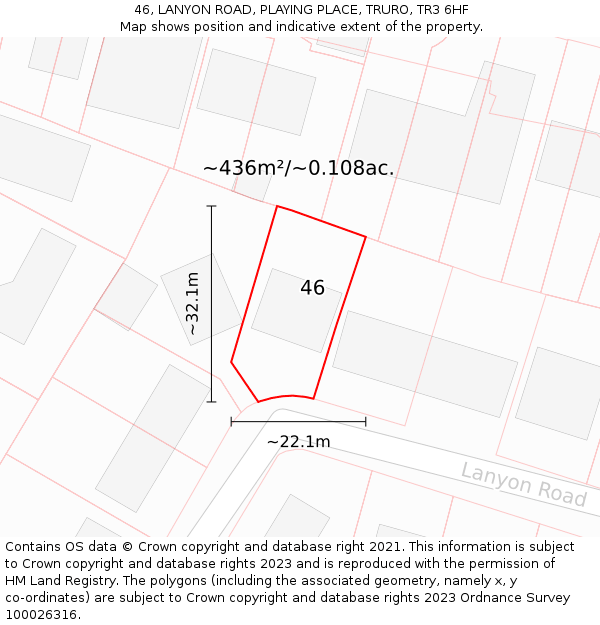 46, LANYON ROAD, PLAYING PLACE, TRURO, TR3 6HF: Plot and title map