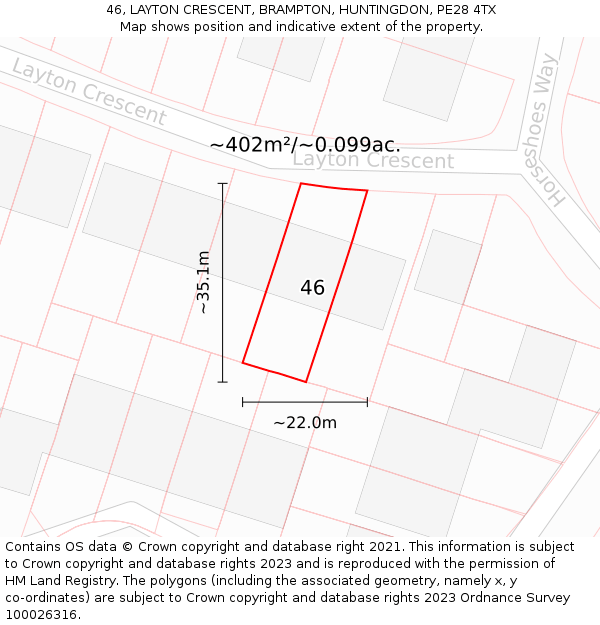 46, LAYTON CRESCENT, BRAMPTON, HUNTINGDON, PE28 4TX: Plot and title map