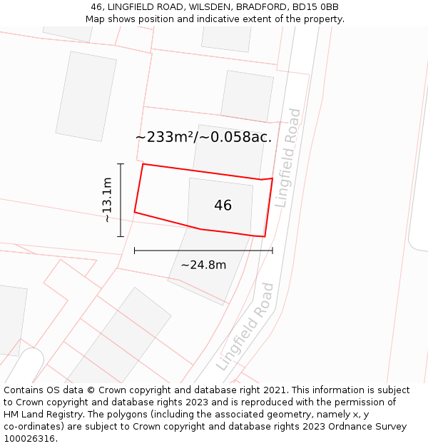 46, LINGFIELD ROAD, WILSDEN, BRADFORD, BD15 0BB: Plot and title map