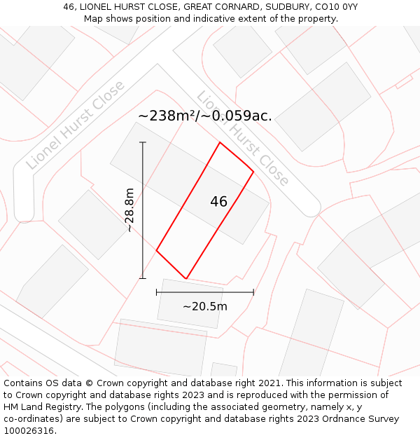 46, LIONEL HURST CLOSE, GREAT CORNARD, SUDBURY, CO10 0YY: Plot and title map