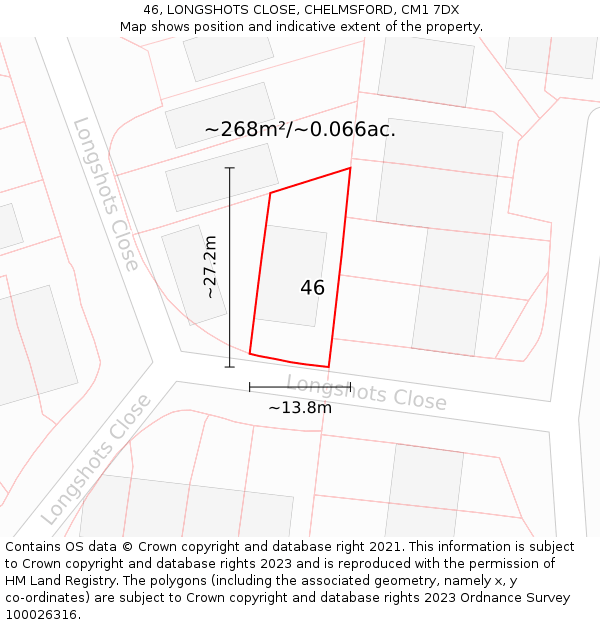 46, LONGSHOTS CLOSE, CHELMSFORD, CM1 7DX: Plot and title map