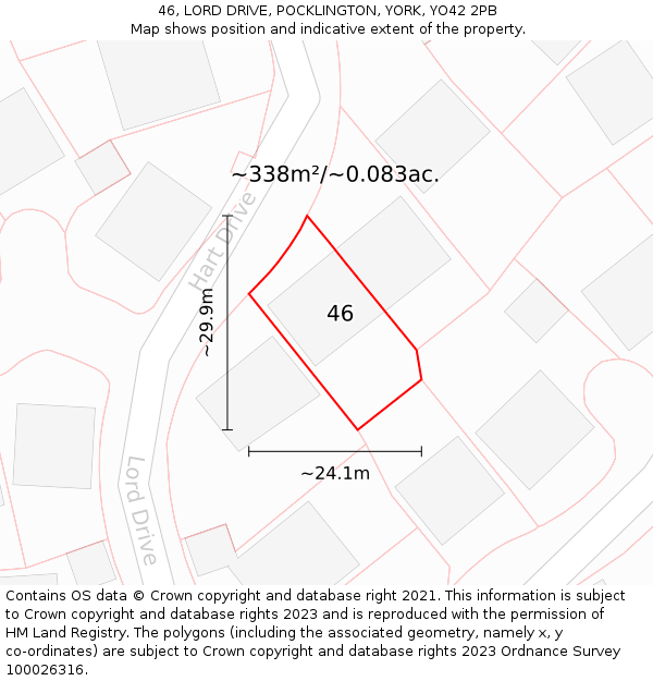 46, LORD DRIVE, POCKLINGTON, YORK, YO42 2PB: Plot and title map