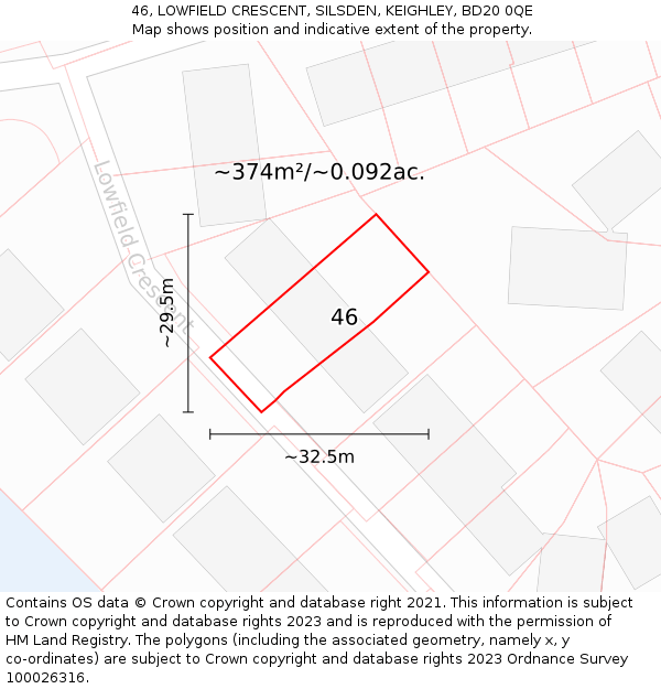 46, LOWFIELD CRESCENT, SILSDEN, KEIGHLEY, BD20 0QE: Plot and title map