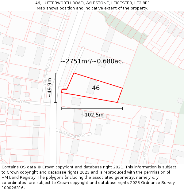 46, LUTTERWORTH ROAD, AYLESTONE, LEICESTER, LE2 8PF: Plot and title map