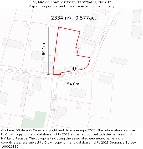 46, MANOR ROAD, CATCOTT, BRIDGWATER, TA7 9HD: Plot and title map