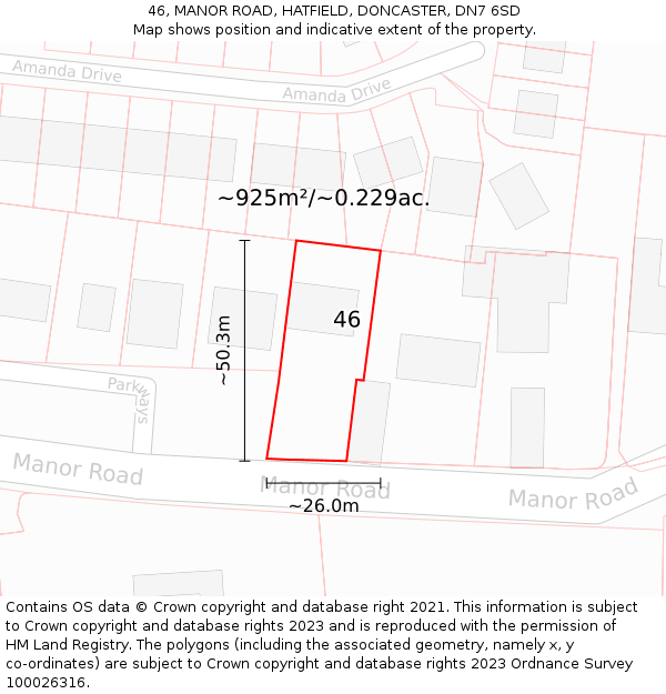 46, MANOR ROAD, HATFIELD, DONCASTER, DN7 6SD: Plot and title map