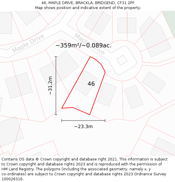 46, MAPLE DRIVE, BRACKLA, BRIDGEND, CF31 2PF: Plot and title map
