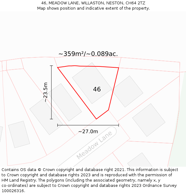 46, MEADOW LANE, WILLASTON, NESTON, CH64 2TZ: Plot and title map