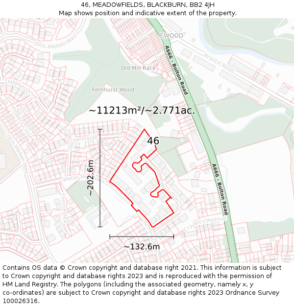 46, MEADOWFIELDS, BLACKBURN, BB2 4JH: Plot and title map