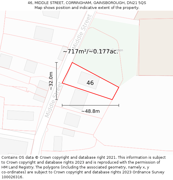 46, MIDDLE STREET, CORRINGHAM, GAINSBOROUGH, DN21 5QS: Plot and title map