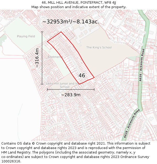 46, MILL HILL AVENUE, PONTEFRACT, WF8 4JJ: Plot and title map
