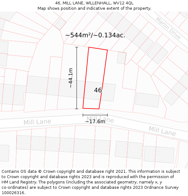 46, MILL LANE, WILLENHALL, WV12 4QL: Plot and title map