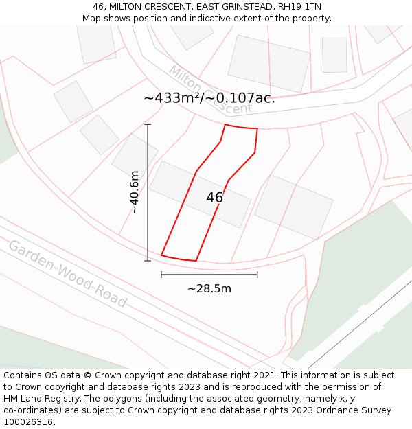 46, MILTON CRESCENT, EAST GRINSTEAD, RH19 1TN: Plot and title map