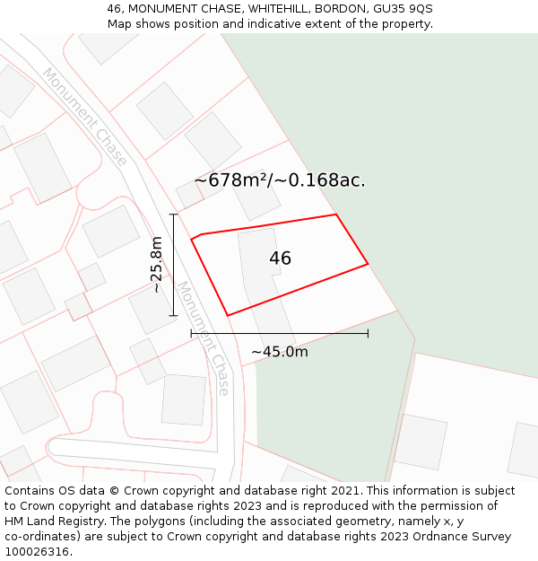 46, MONUMENT CHASE, WHITEHILL, BORDON, GU35 9QS: Plot and title map