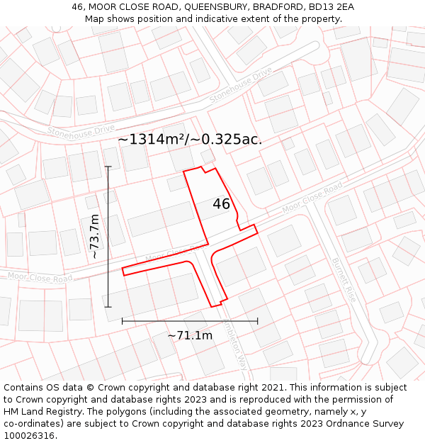 46, MOOR CLOSE ROAD, QUEENSBURY, BRADFORD, BD13 2EA: Plot and title map