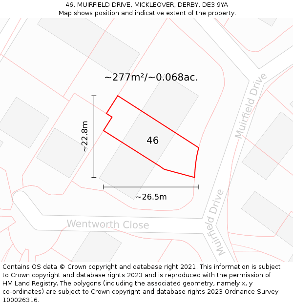 46, MUIRFIELD DRIVE, MICKLEOVER, DERBY, DE3 9YA: Plot and title map