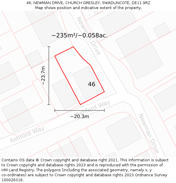 46, NEWMAN DRIVE, CHURCH GRESLEY, SWADLINCOTE, DE11 9RZ: Plot and title map
