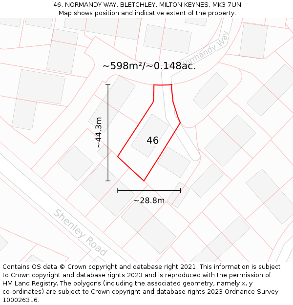 46, NORMANDY WAY, BLETCHLEY, MILTON KEYNES, MK3 7UN: Plot and title map