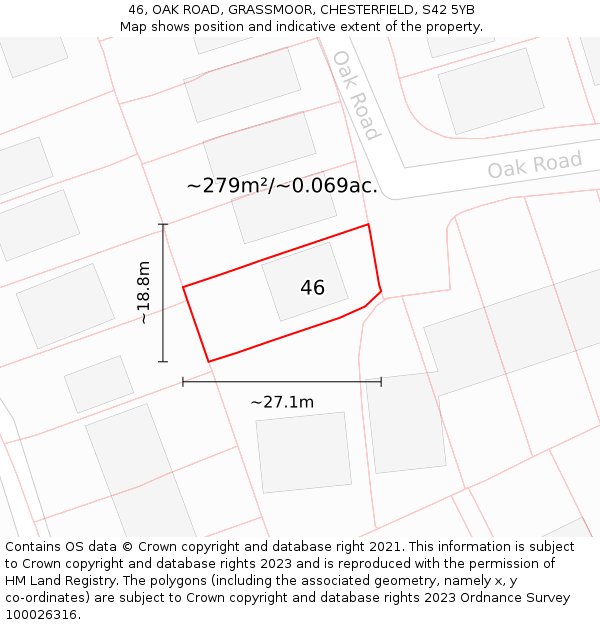 46, OAK ROAD, GRASSMOOR, CHESTERFIELD, S42 5YB: Plot and title map