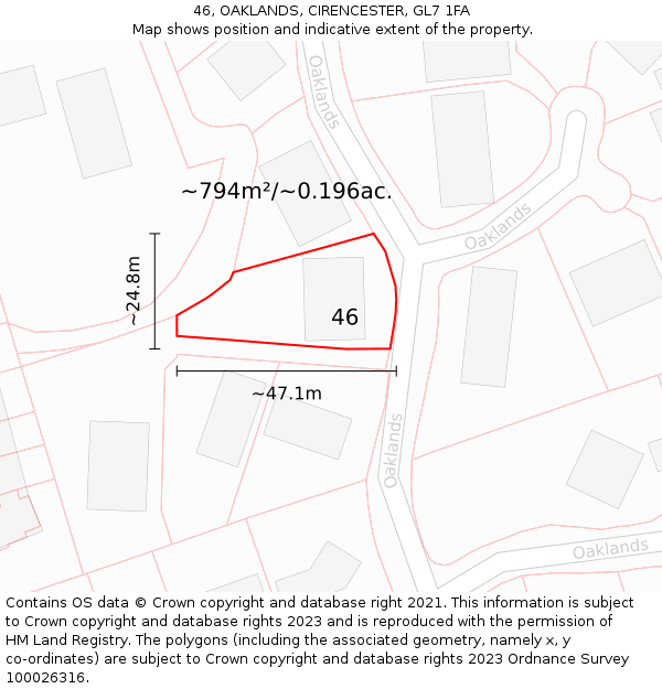 46, OAKLANDS, CIRENCESTER, GL7 1FA: Plot and title map