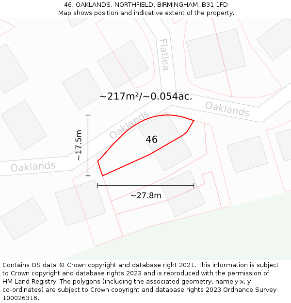 46, OAKLANDS, NORTHFIELD, BIRMINGHAM, B31 1FD: Plot and title map