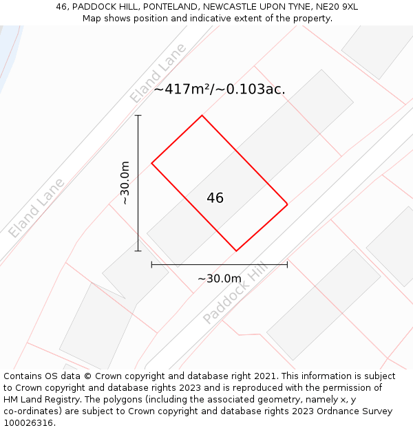 46, PADDOCK HILL, PONTELAND, NEWCASTLE UPON TYNE, NE20 9XL: Plot and title map