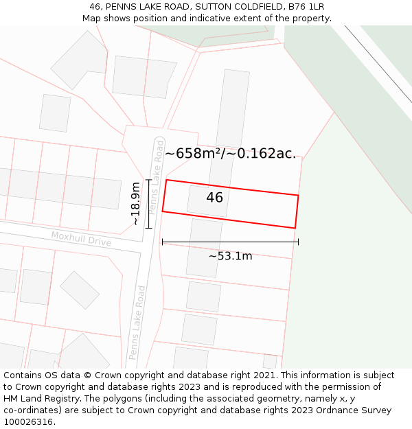 46, PENNS LAKE ROAD, SUTTON COLDFIELD, B76 1LR: Plot and title map